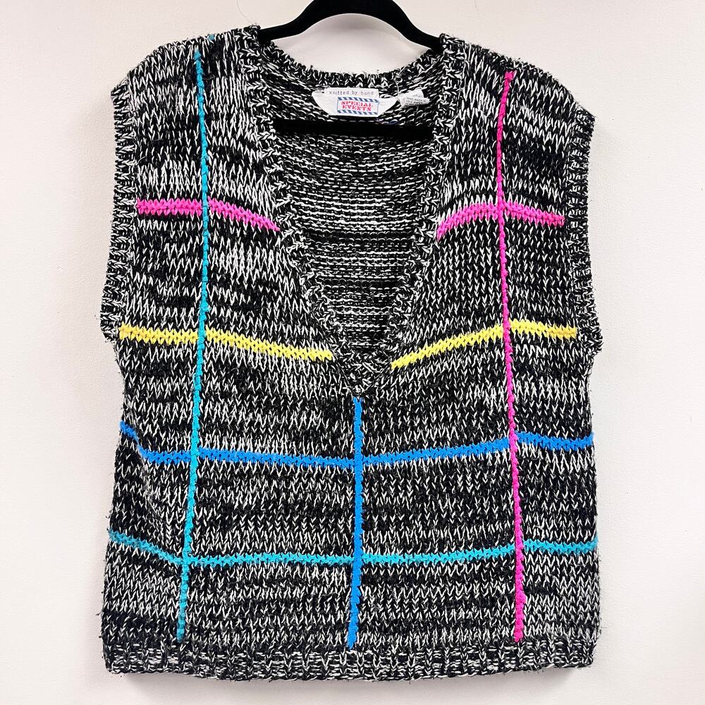 Women's Vintage 1980's Special Events V neck sweater vest pastels black white XL